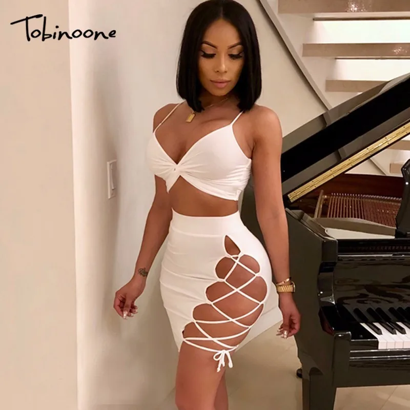 

Tobinoone Sexy Bandage Dress Women Hollow Out lace up Party Dress Clubwear 2 Pieces straps Dresses Lady Vestidos drop shipping