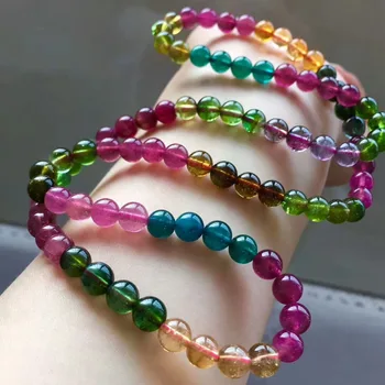 

Genuine Natural Colorful Tourmaline Crystal Bracelet Fashion Woman Necklace Stretch 6.5mm Woman Clear Round Beads 3 Laps AAAAA