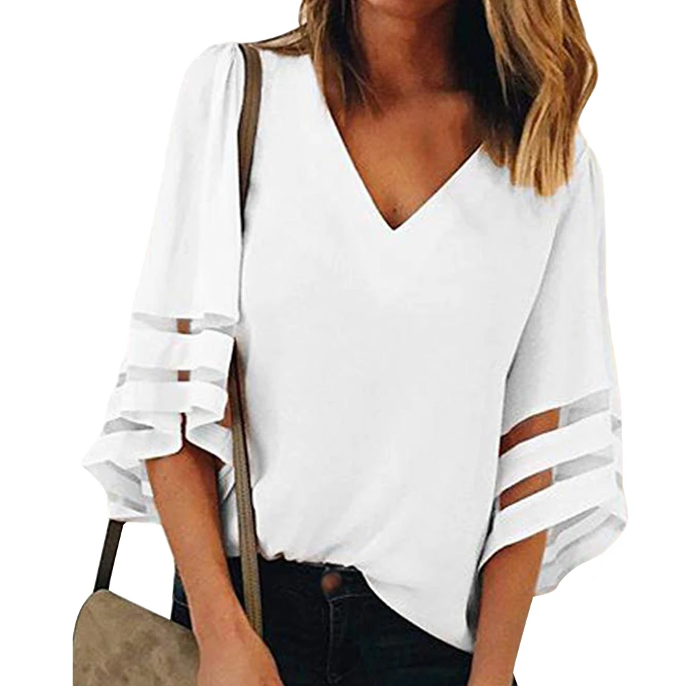 

Tops Fashion Off Shoulder Party V Neck Sexy Loose Trumpet Sleeve Ladies Casual Women Holiday Polyester Summer Shirt