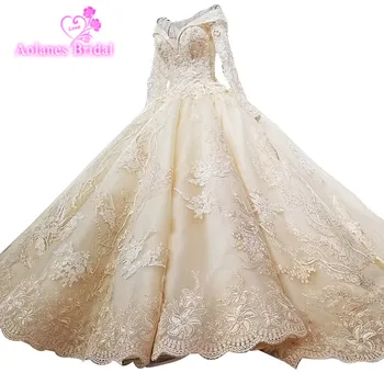 

Dubai Luxury Long Sleeves Vintage Wedding Dresses High-end Custom Sequined Sexy Bridal Trian Wedding Gown 2018 Puffy Ball Gown