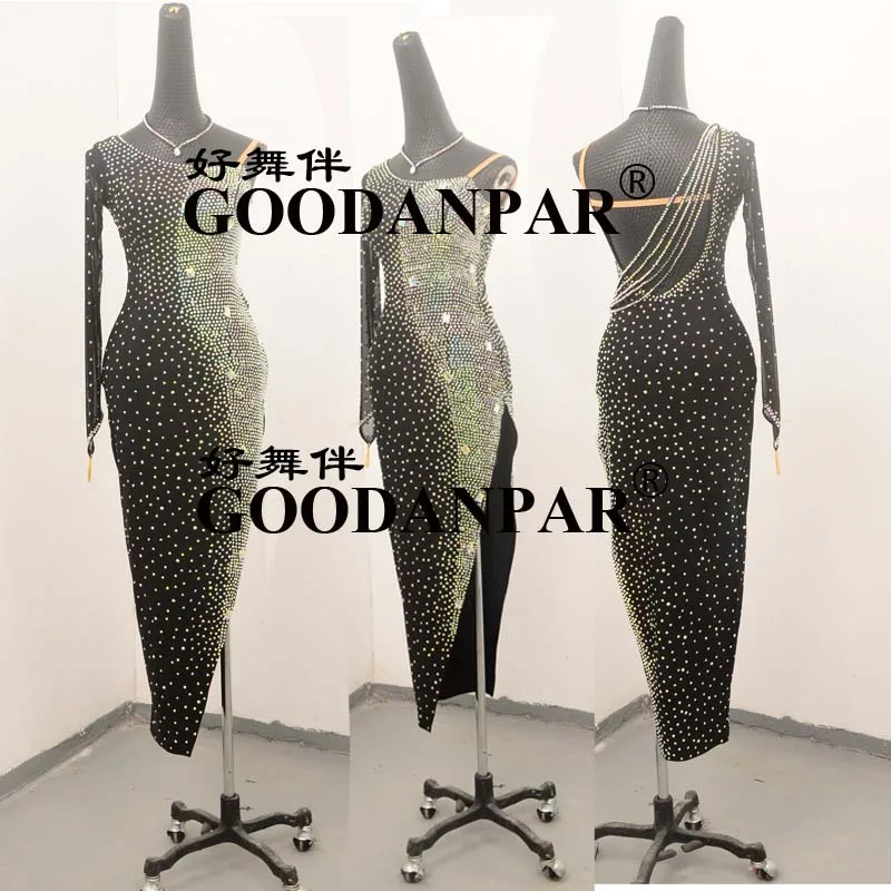 

GOODANPAR New One Arm Long Sleeve Lycra Rhinestone Bead Tube Sexy Latin Dance Dress Women Standard Samba Rumba Salsa Costume