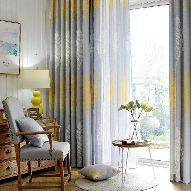 Серая Современная желтая занавеска с листьями, льняная занавеска на окно для спальни, отвесная занавеска для гостиной, плотные занавески, занавески на заказ, жалюзи T& 205#30