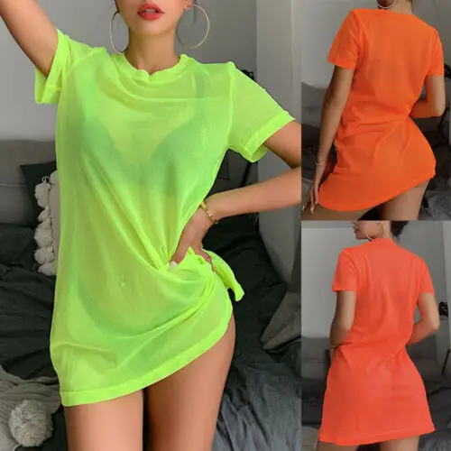 

Women Sheer Mesh Holiday Cover Up Short Sleeve Dresses Pure Color Loose See through Summer Beach Mini Dress