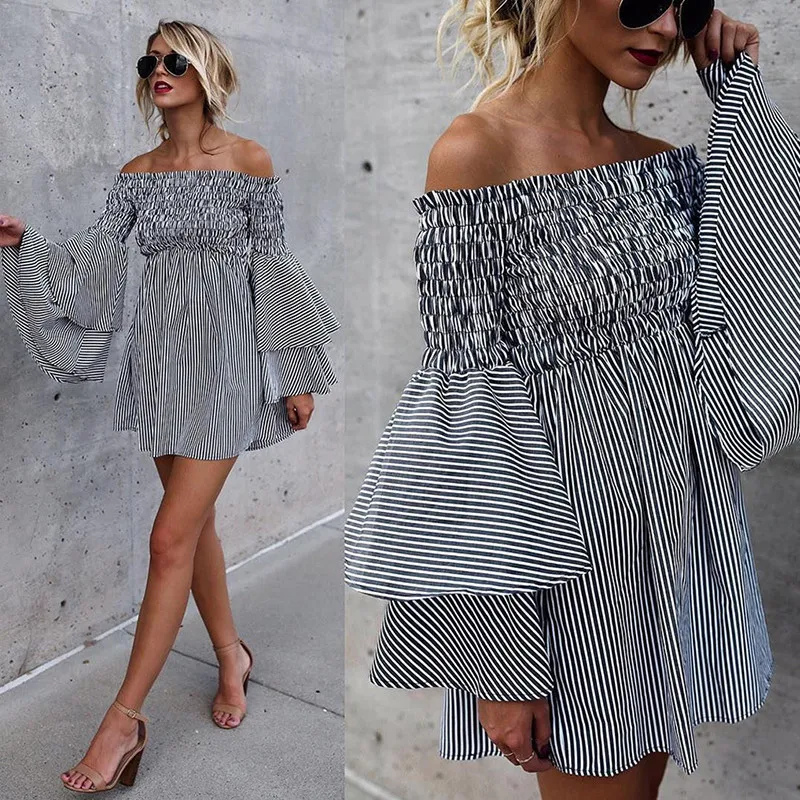 Off Shoulder Women Dress Striped Flare Sleeve Summer Dress Mini 2018 Sexy Elegant Slim Waist Women Clothing 7