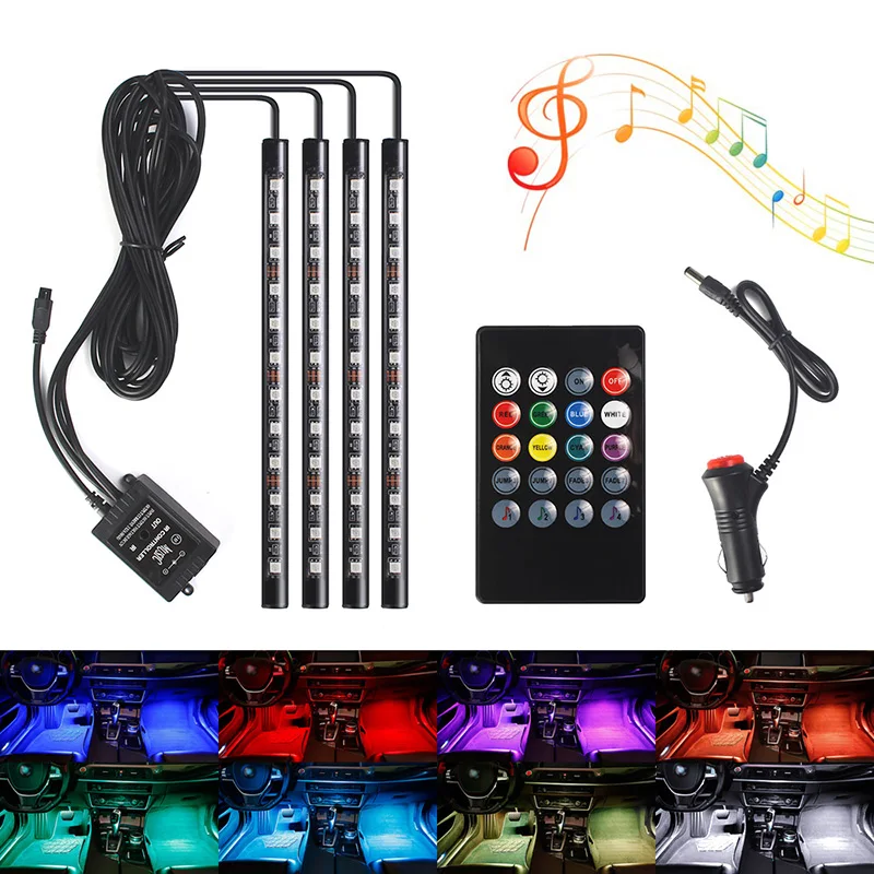

12led Flexible Wireless Remote Music Voice Control Car RGB LED Flash Neon Interior Light Lamp Strip Floor Atmosphere Lights