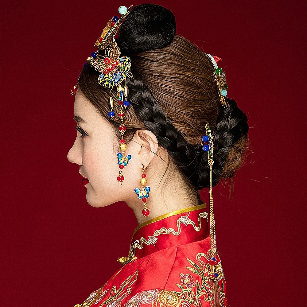 Ethnic Chinese Wedding Hair Jewelry Set Beaded Headpiece Frontlet