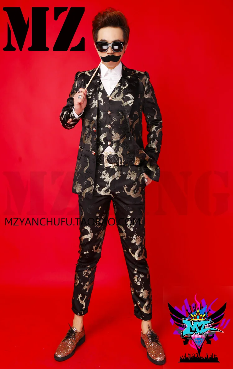 

Chinese style black gold bright silk satin robes suit jacket host dress nightclub performance clothing bar male singer dj stage