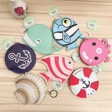 Творческий милый навигации серии Кошельки с брелок ПУ мультфильм кальмар В виде ракушки Золотая рыбка Акула Овальный изменение молния Женские Кошельки