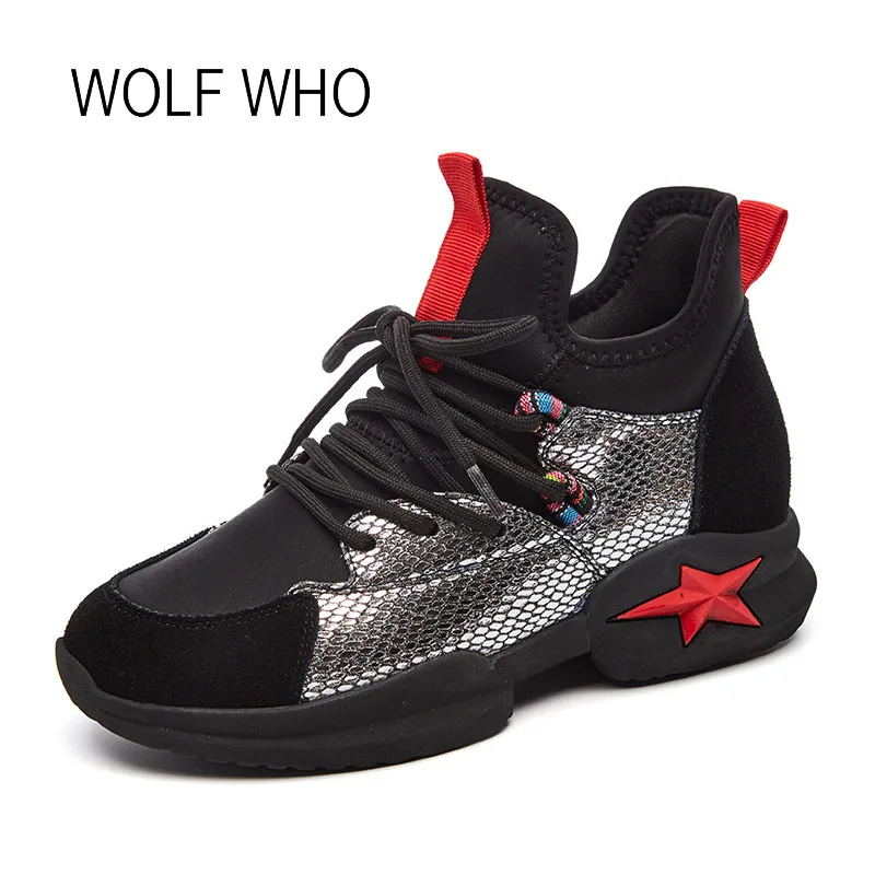 

WOLF WHO 2018 Fashion Women Sneakers Mesh Leather Female Sneakers Casual Bling Krasovki Tenis Femininos Scarpe Donna H-531
