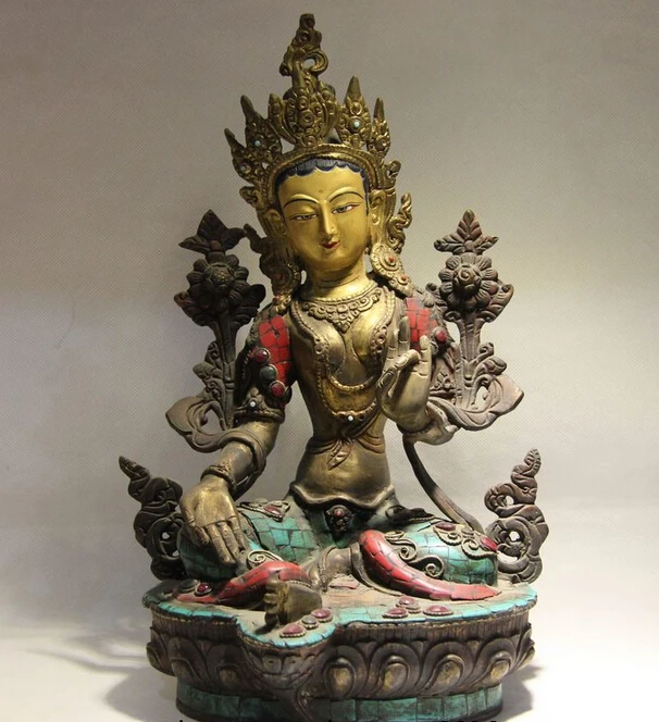 

fast shipping USPS to USA S0880 Tibet Buddhism Copper Fane Inlay Turquoise Ruby Beryl Green Tara Kwan-yin Statue