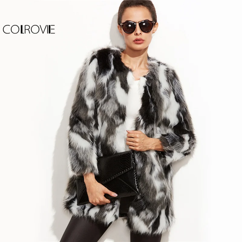 COLROVIE Faux Fur Fuzzy Coat Women ColorBlock Open Front Elegant Autumn Coats Fashion Winter Long Sleeve OL Work Coat Outerwear