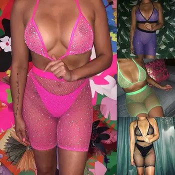

Women Push-up Padded Bra Bandage Bikini Set Swimsuit Rhinestone Swimwear Mesh Two Piece Bikini Set Rhinestone Swimwear Beach