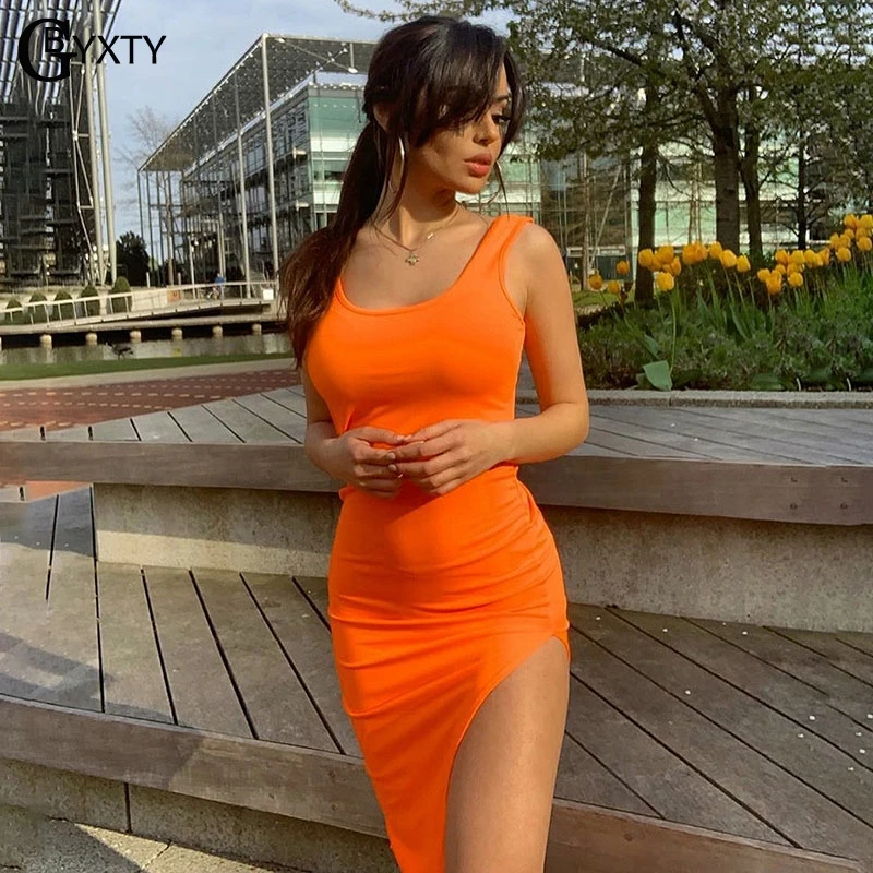 

GBYXTY Neon Green Orange Stretchy Tank Dress 2019 Summer Women Sexy Side Split Bodycon Midi Dress Casual Beach Dress ZA1498