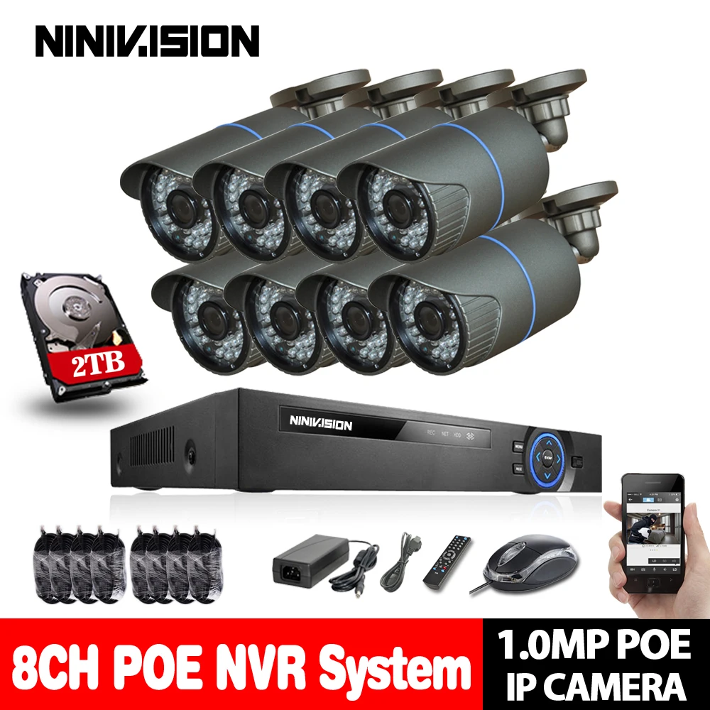 

NINIVISION 8CH 1080P POE NVR CCTV System Kit with 8PCS 720P 1.0MP IR 30M Bullet POE IP Camera Outdoor Security System XMEYE P2P