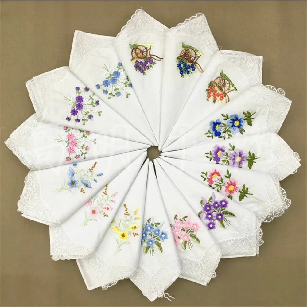 

1pc Randomly Sent Cotton Square Handkerchief Sweat Towel Embroidery Flower Lace Corner