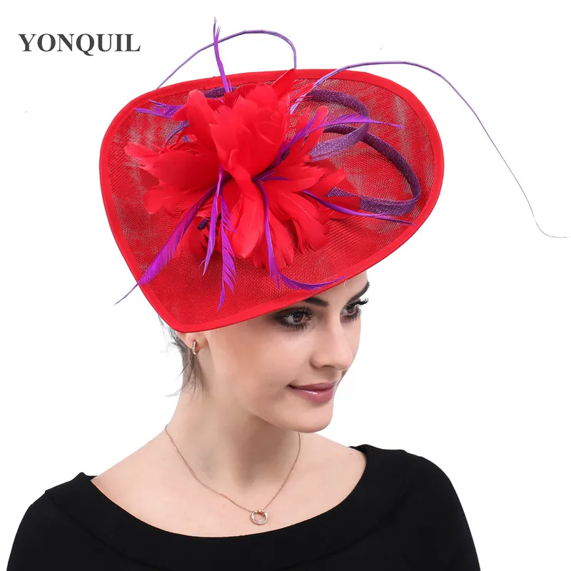 

Elegant women red derby kenducky fascinators headwear purple feathers hair accessories chapeau caps headbands church headpieces