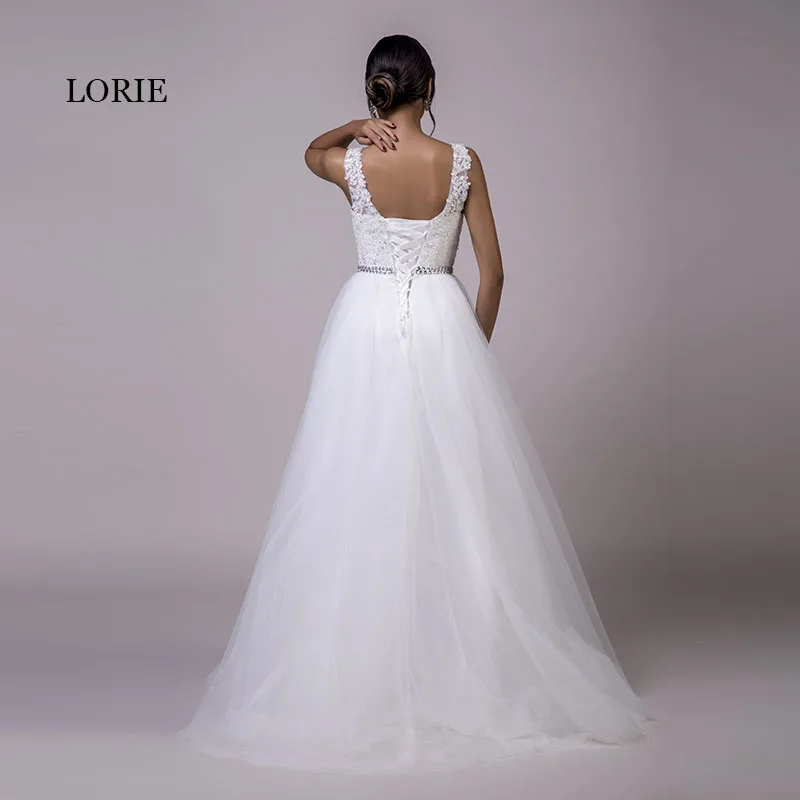 LORIE/большие размеры, кружевные свадебные платья, белые фатиновые Свадебные платья трапециевидной формы с v-образным вырезом и бусинами
