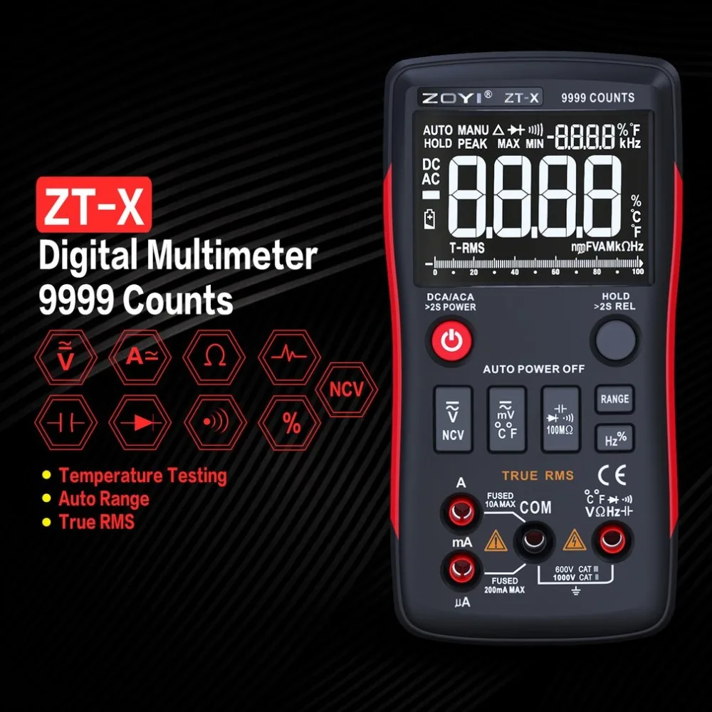 

ZT-X Digital Multimeter Auto Range True RMS AC/DC Volt Amp Ohm Capacitance Duty Cycle NCV Diode Multimetro Tester 9999 Counts