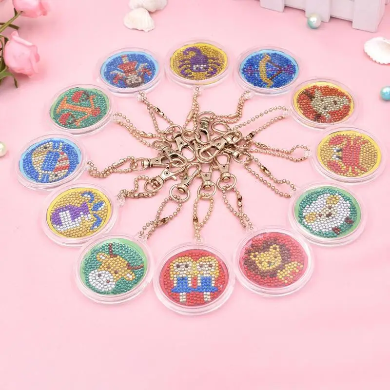 

12pcs Constellation DIY Keychain Full Drill Diamond Painting Key Pendant Cross Stitch Embroidery Women Bag Key Chain