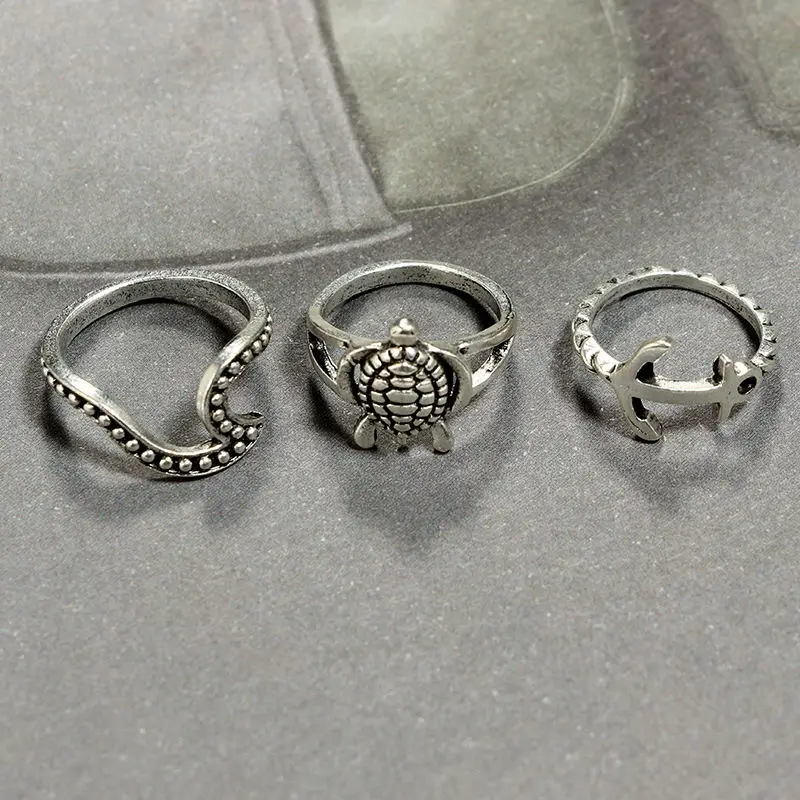 Winterxue 8PCS/SET Retro Fashion Turtle Shell Shark Knuckle Rings For Women Vintage Jewelry Silver Color Metal Punk Rings Set