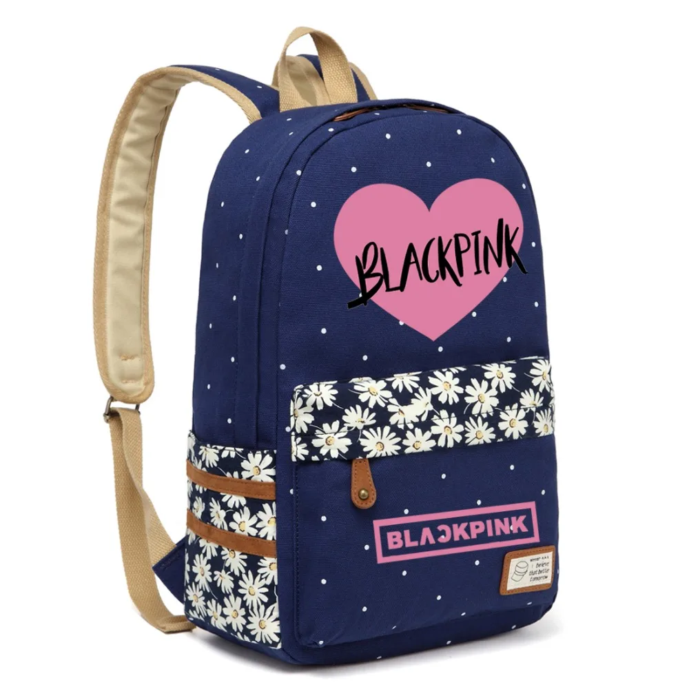 WISHOT KPOP Черный розовый рюкзак с цветами на плечо дорожная сумка для подростков девочек Женская холщовая школьная сумка в горошек