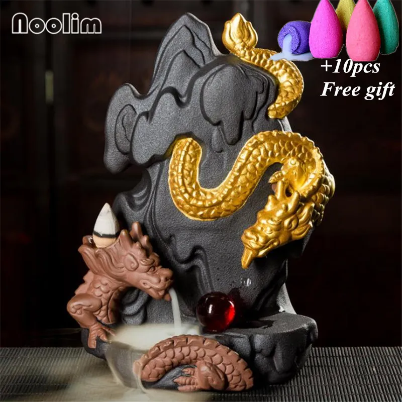 New Gold Dragon Backflow Incense Burner With Crystal Ball Home Office Decor Ornament Aromatherapy Censer Holder+10Pcs Free Cones - Цвет: Color 3-10pcs Mixed