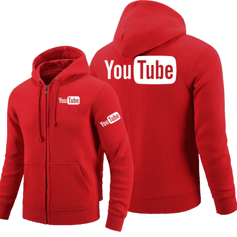 Толстовки на молнии с логотипом Youtube; флисовая толстовка с капюшоном и длинными рукавами; мужская куртка на молнии; толстовка - Цвет: Красный