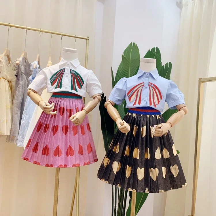 

Kids Embroidery Shirt Short Sleeve girls white blouse heart Skirts Kids Tutu black Skirts Set Children Clothing Set Girls blouse