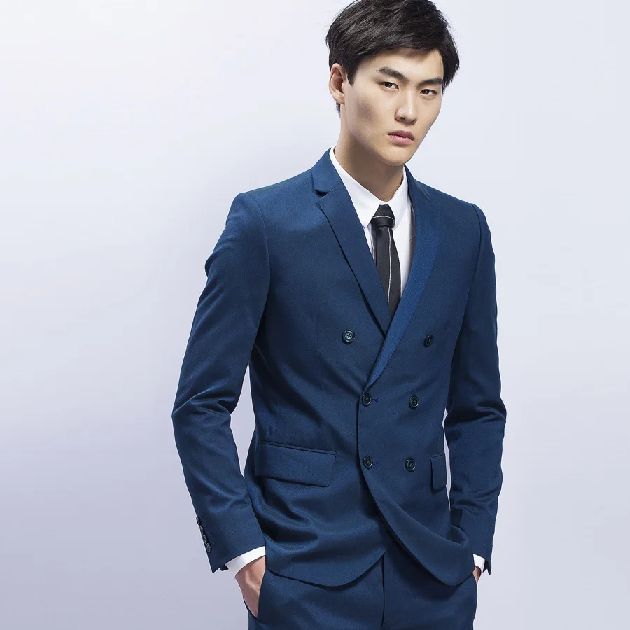 Blue Business Suit Blazer Masculino Groom Tuxedos Wedding Suit 2 Pcs (Jacket+Pants) Terno Masculino Double Breasted Suit Men