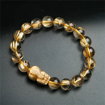 

Genuine Natural Gold Rutilated Quartz Crystal Bracelets For Women Men Pixiu Round Bead Bracelet 11mm