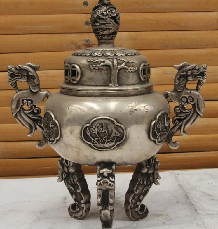 

Buddhism white Copper silver Two Dragon Beast censer incense burner Aromatherapy