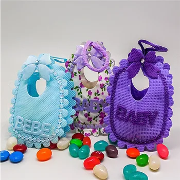 

New Arrivals-24Pcs Non-woven Fabric Baby Shower Theme Candy Box Baby Bib Style Party Favors with Handle and Bow Party Decoration