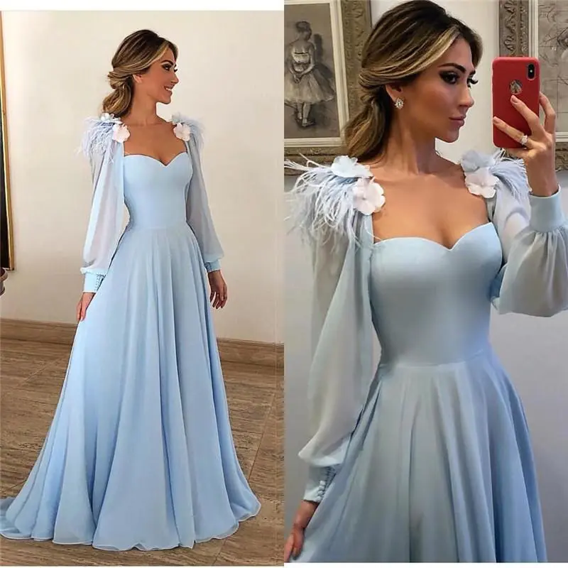 Elegant Light Blue Feather Formal Dresses 2019 A Line Long Sleeves Prom