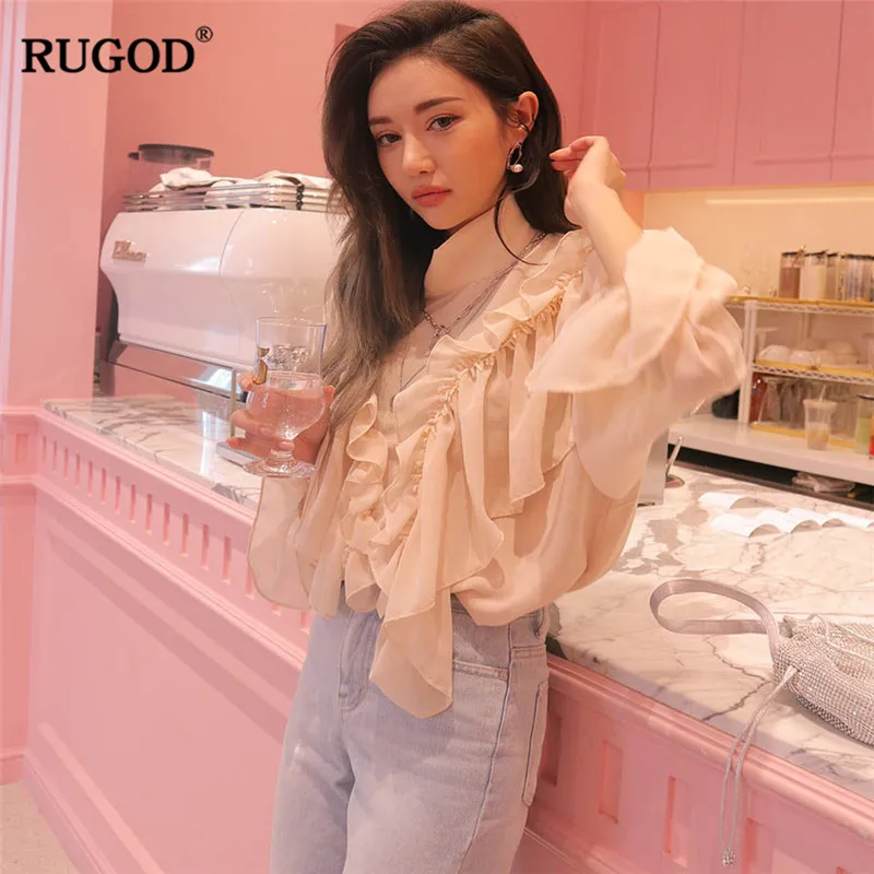 Женская шифоновая блузка RUGOD однотонная с высоким воротником весна 2019|Блузки| |