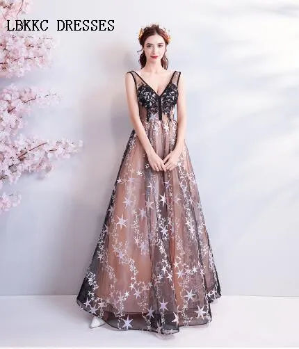 

Robe De Soiree Longue Sexy V Neck Black Evening Dresses Top See Through Floor Length Vestido De Festa Longo