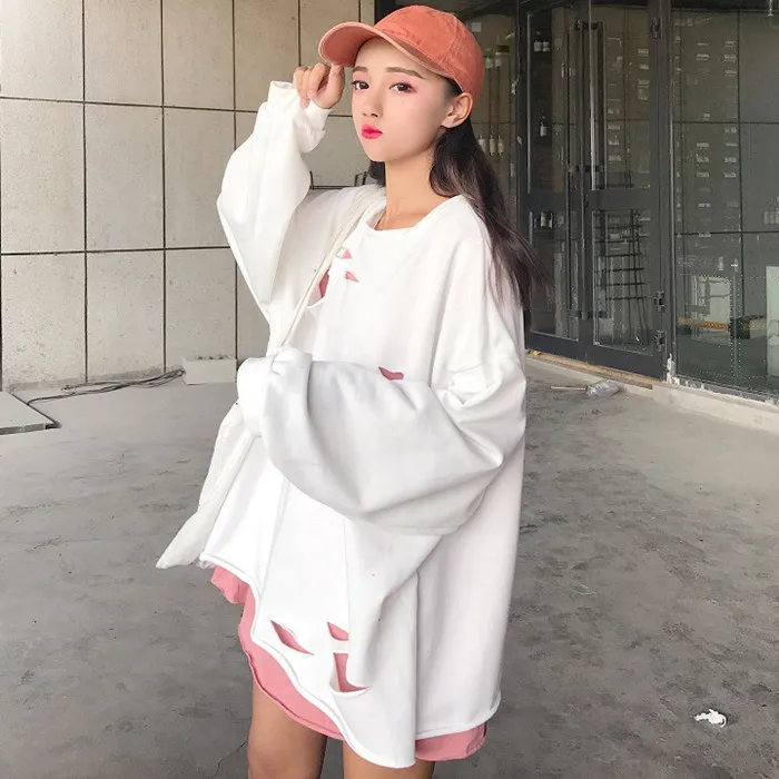 Модная Толстовка Топ Femme Осень корейский Ulzzang Harajuku отверстие Поддельные 2 шт. пуловер с длинными рукавами толстовки женские