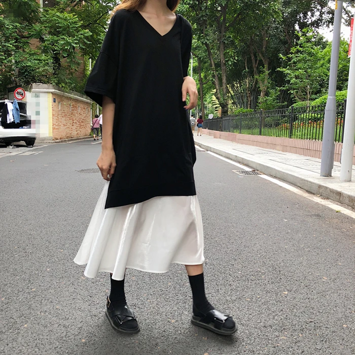 

2019 Spring and Summer Cotton Casual Dress Hem Stitching Long dress V Collar Short Sleeve Fake Two Dress Batwing Sleeve