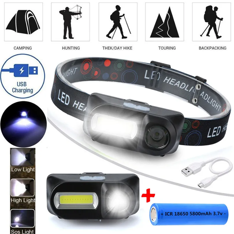 Bike lights Flashlight Rechargeable COB LED 6-mode Headlight Straps Adjustable Headlamp +18650 Battary 2019 NEW #4A03 (5)