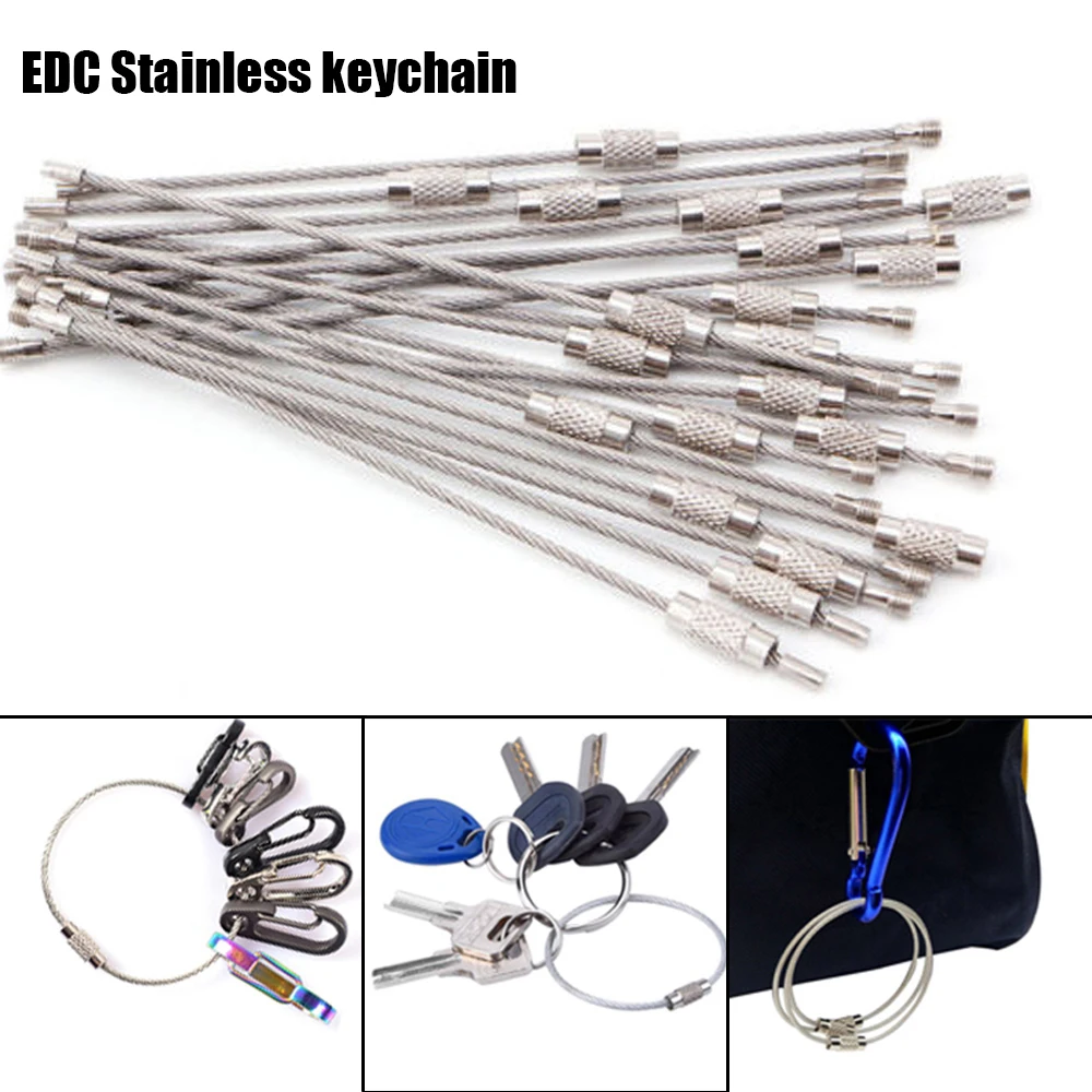 

5Pcs EDC Stainless steel wire keychain ring key keyring circle rope cable loop outdoor camp luggage tag screw Key Ring