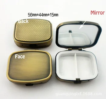 

100PCS Bronze Pill Boxes Organizer DIY Medicine Case Holder 2 Compartments with compact mirror DHL Free Shipping