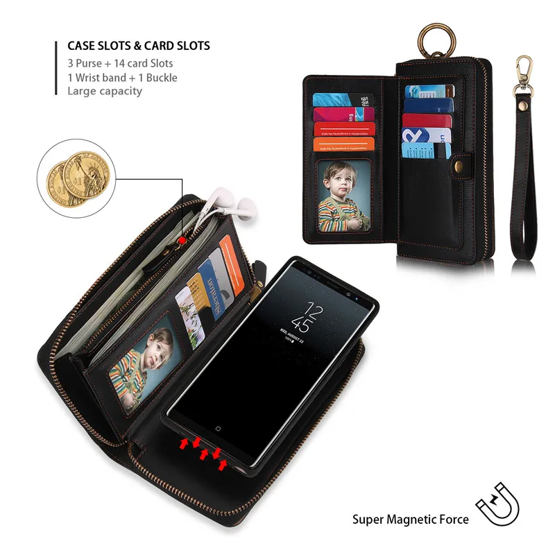 Многофункциональный кожаный кошелек на молнии с отделением для карт чехол для samsung Galaxy S10e Note 8 9 10 Pro S7 Edge S8 S9 S10 Plus Съемная Сумочка для iPhone 11 Pro XS Max XR X 6 6S 7 8 Plus