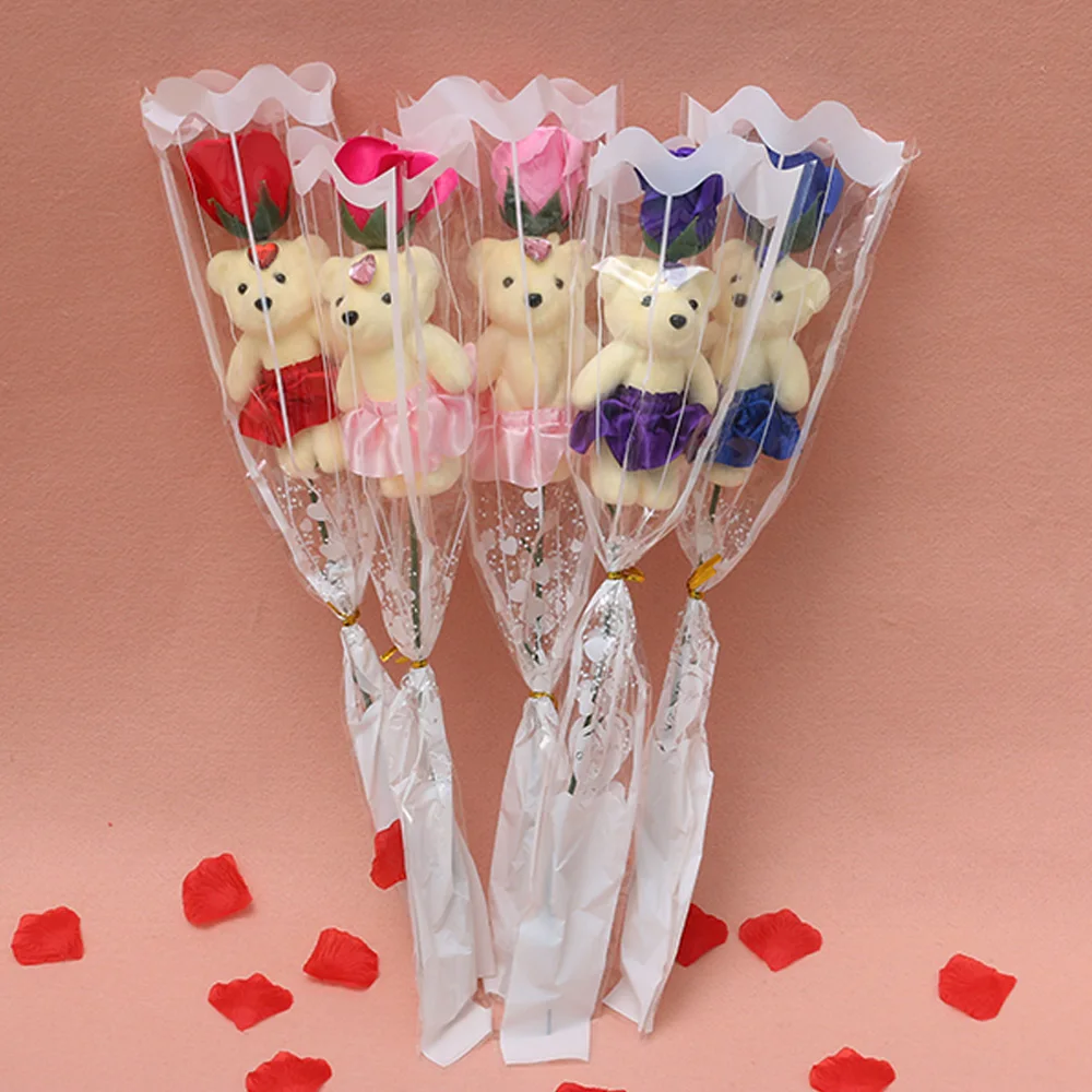 

1PC Rose Flower For Romantic Valentines Day Creative Gifts Mother's Day Artificial Flower Bear Rose Soap Cartoon Bouquet Wedding