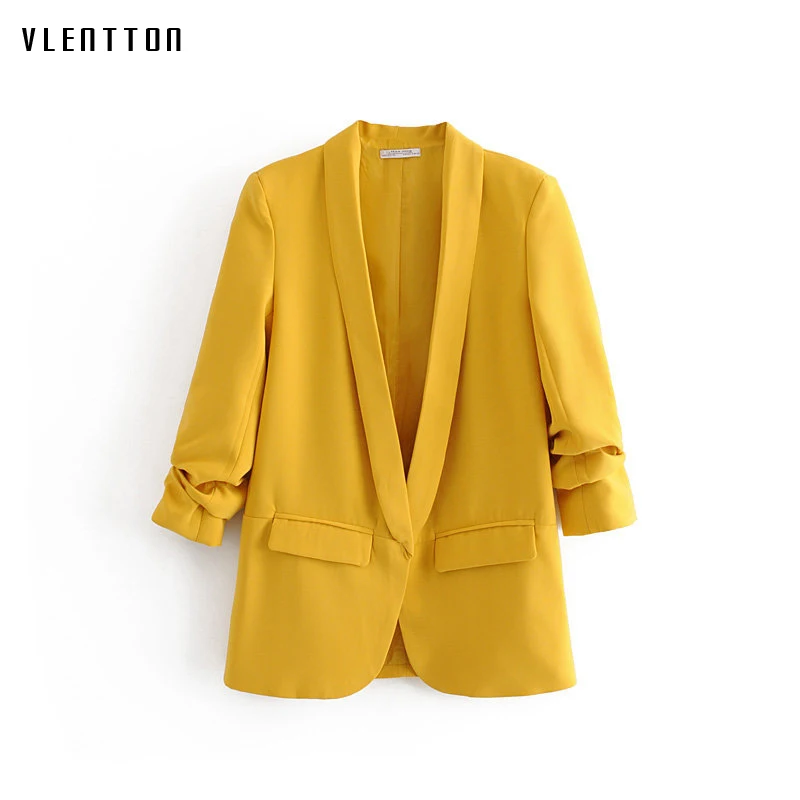 

2019 Elegant Office Ladies Blazers Women Spring Solid None Button Slim Work Suit Jacket Female Yellow Rose Red Blazer Coat Tops