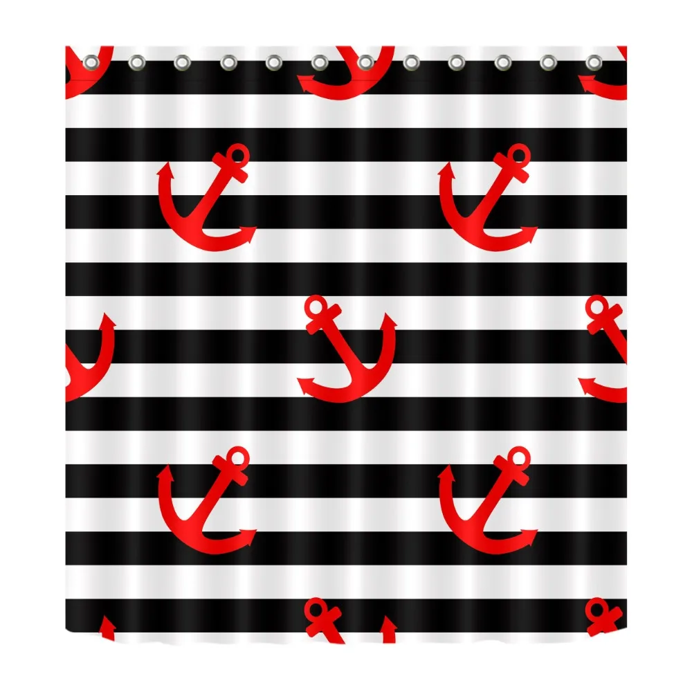 White and Black Stripes Anchor and Flowers Fabric Shower Curtain Set Bath Decor