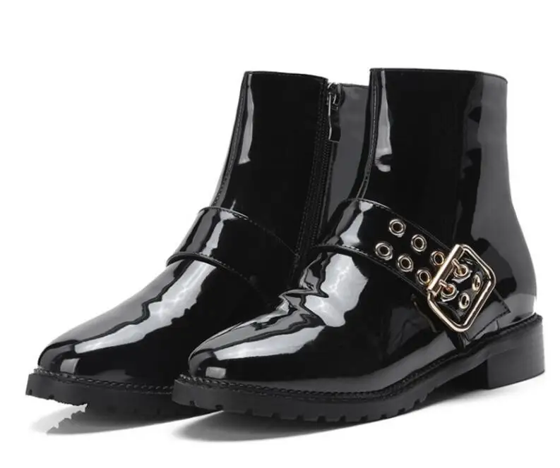 

Ladies Chaussure Women Patent Leather Matin Shoes Woman Zapatos Mujer Sapato Ankle Boots Chunky Low Heels Booties Punk XZ181268