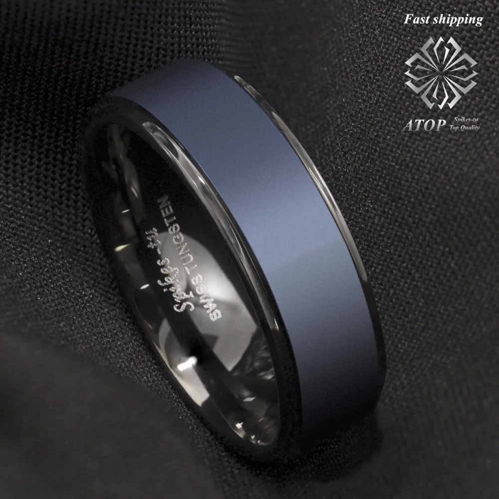 Men's Jewelry Black Tungsten Carbide Ring sea Blue Brushed center wedding Ring Free Shipping
