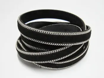 

10x2mm Black flat leather cord rhodium chain 10mm synthetic leather cord