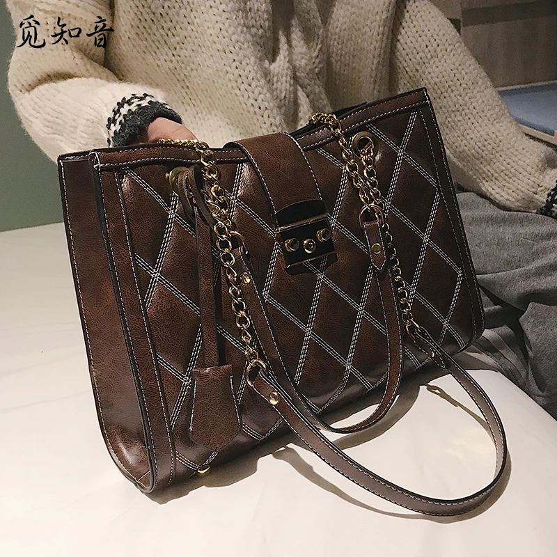 

Retro Fashion Female Big Tote Bag New Quality Pu Leather Women's Handbag Lattice Lock Chain Large Shoulder Messenger Bags