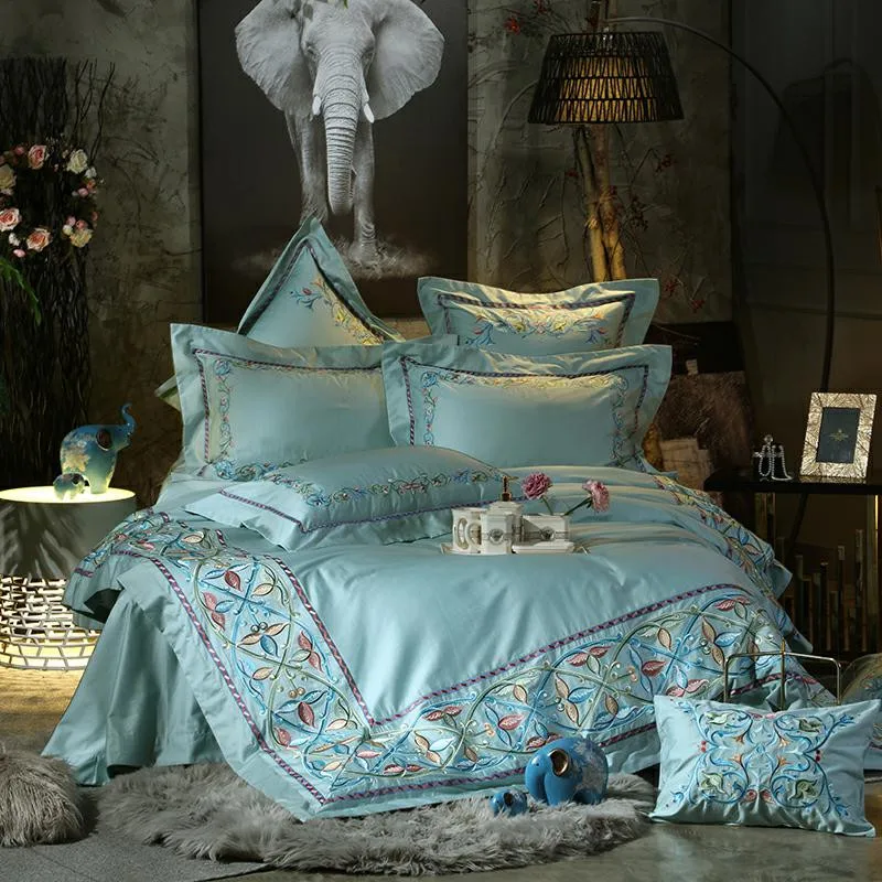 

Light green High-end luxury Embroidery 120S Egyptian cotton Bedding Set Wedding Duvet Cover Bed Linen Bed sheet Pillowcases