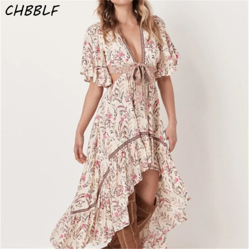 

CHBBLF women flower midi dress V neck vintage butterfly sleeve casual pleated mid calf dresses vestidos DFJ8335